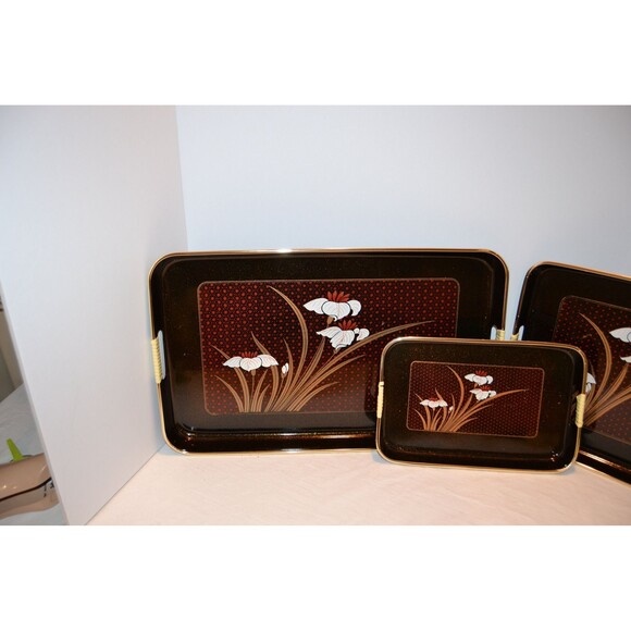 Vintage Trays Black Lacquerware Floral with Starburst 1970s - Picture 5 of 7